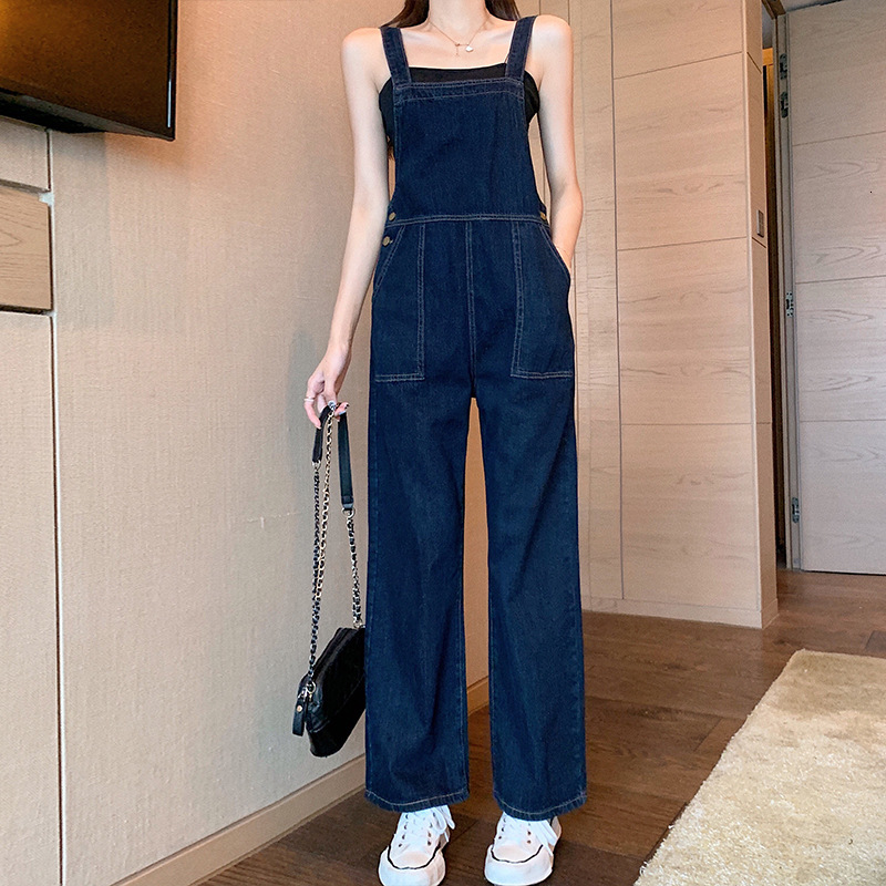Dark-colored Designer Pants Denim Overalls For Women Korean Style Loose Fit Spring Season Straight High-waisted Slimming Jumpsuit Hong Kong Chic Wide-leg Pants