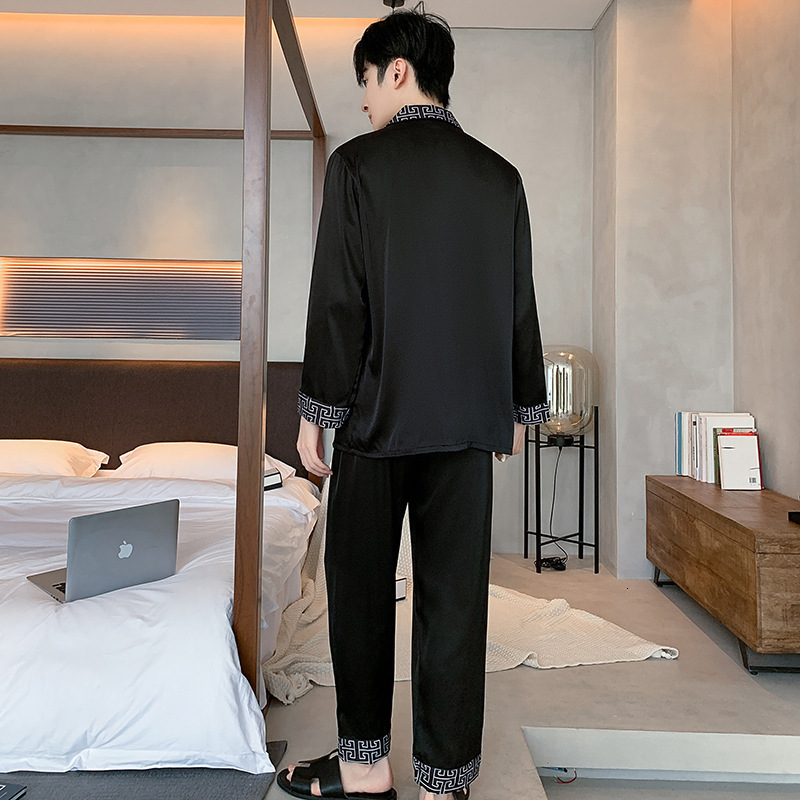 Home Wear High End Ice Silk For Men Spring Autumn Long Sleeve Thin Elegant Faux Silk Premium Cardigan Set