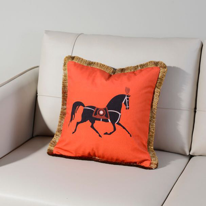 Pillow Case Fashionable Light Luxury Chenille Double Sided Printed Vintage Tassel H Orange Horse Decorative Cushion For Sofa Model Room