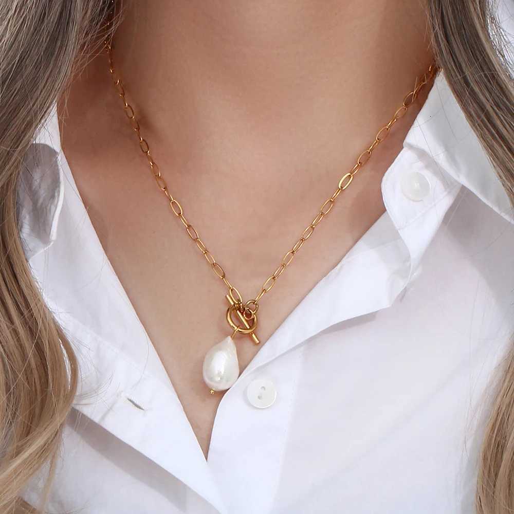 eManco Freshwater Pearl Toggle Necklace For Women Paperclip Chain Necklace Stainless Steel Long Box Square Chain Long Choker H260324 - view 5
