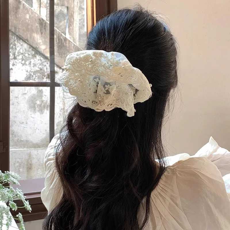 Sweet Solid Lace Pearl large Intestine Scrunchie For Women Girls Elegant Hair Tie Elastic Hair Band Rubber Band Hair Accessories H260324