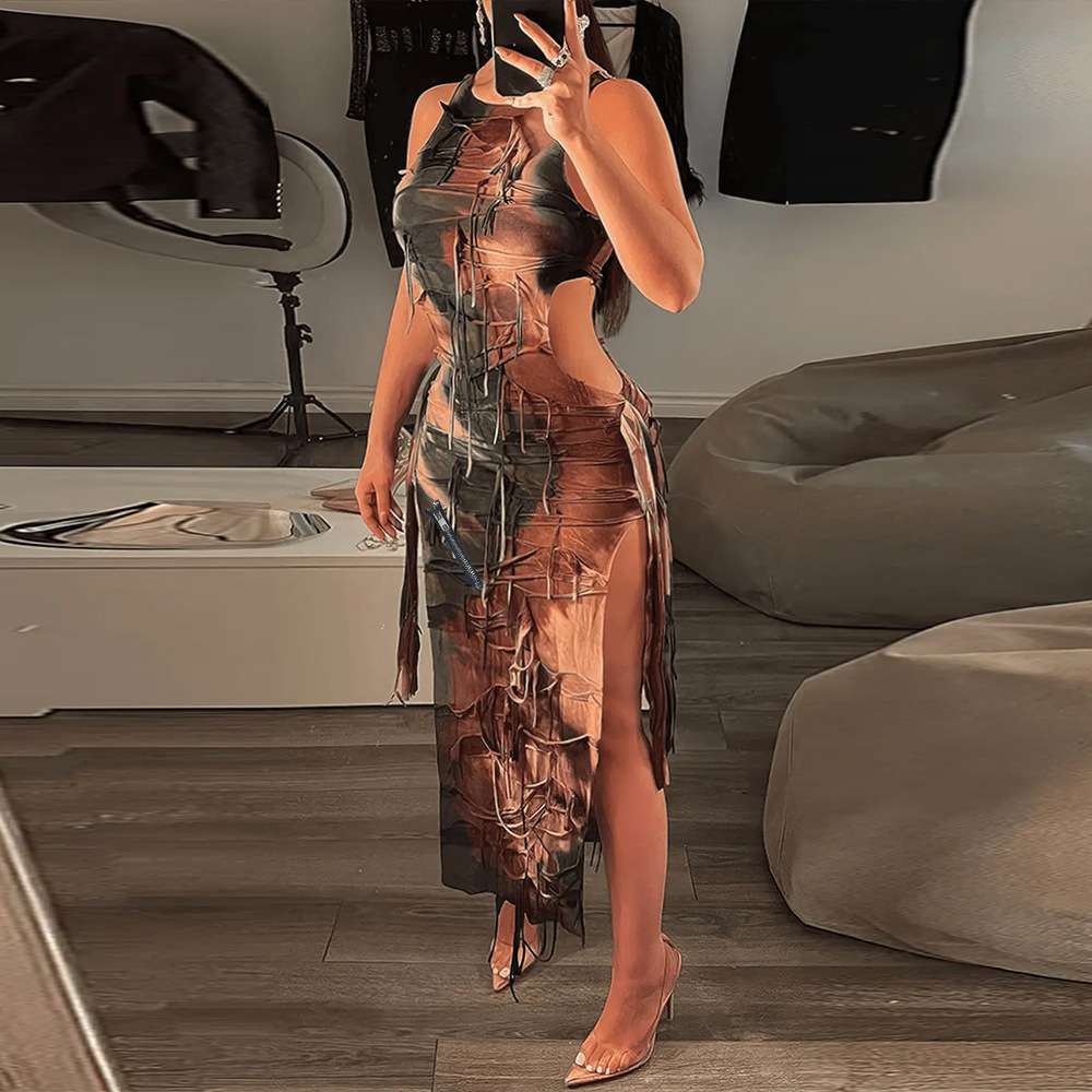 Designer Dress Summer New Arrival Bestseller Tassel Tie-dye Slit Hollow Out Dress For Women