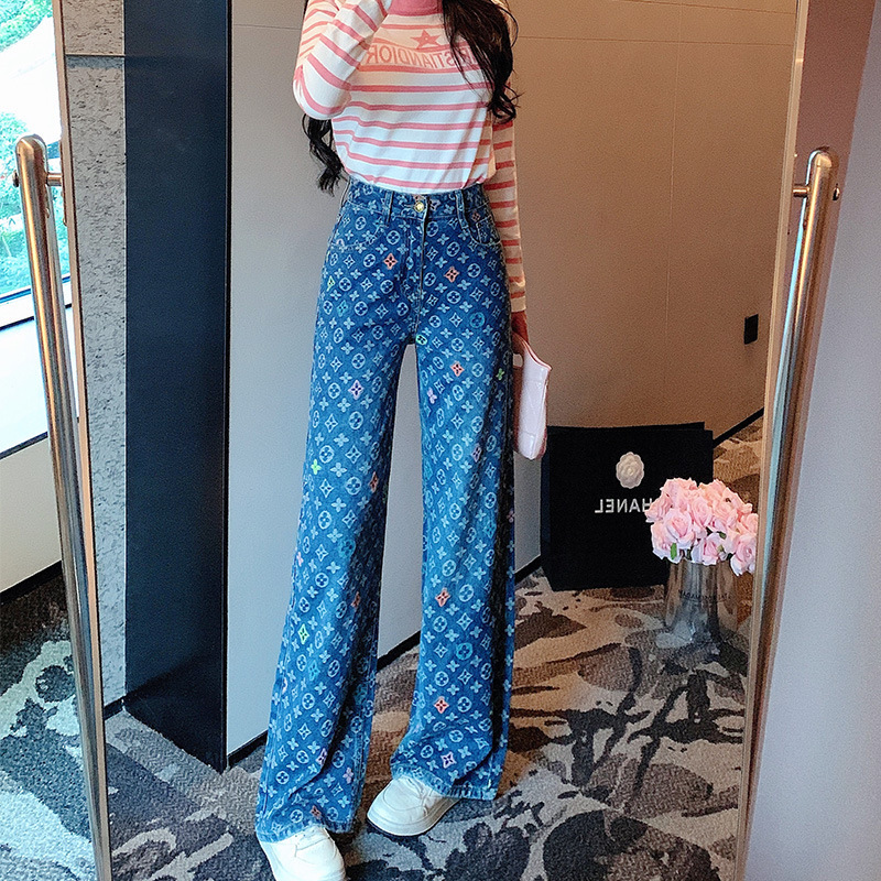 Real Shot Designer Pants Of Fully Printed Jacquard Ultra-soft Women's Jeans 2026 New Model Super Stylish Design High-waisted Straight-leg Wide-leg