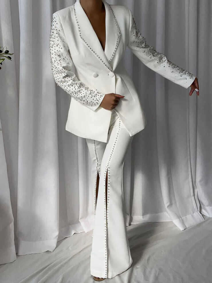 Elegant Women Suits Beaded Double Breasted Shawl Lapel Ladies Outfits 2 Pieces set Jacket Pants Mother Of The Bride Suit Prom Customized ZD19