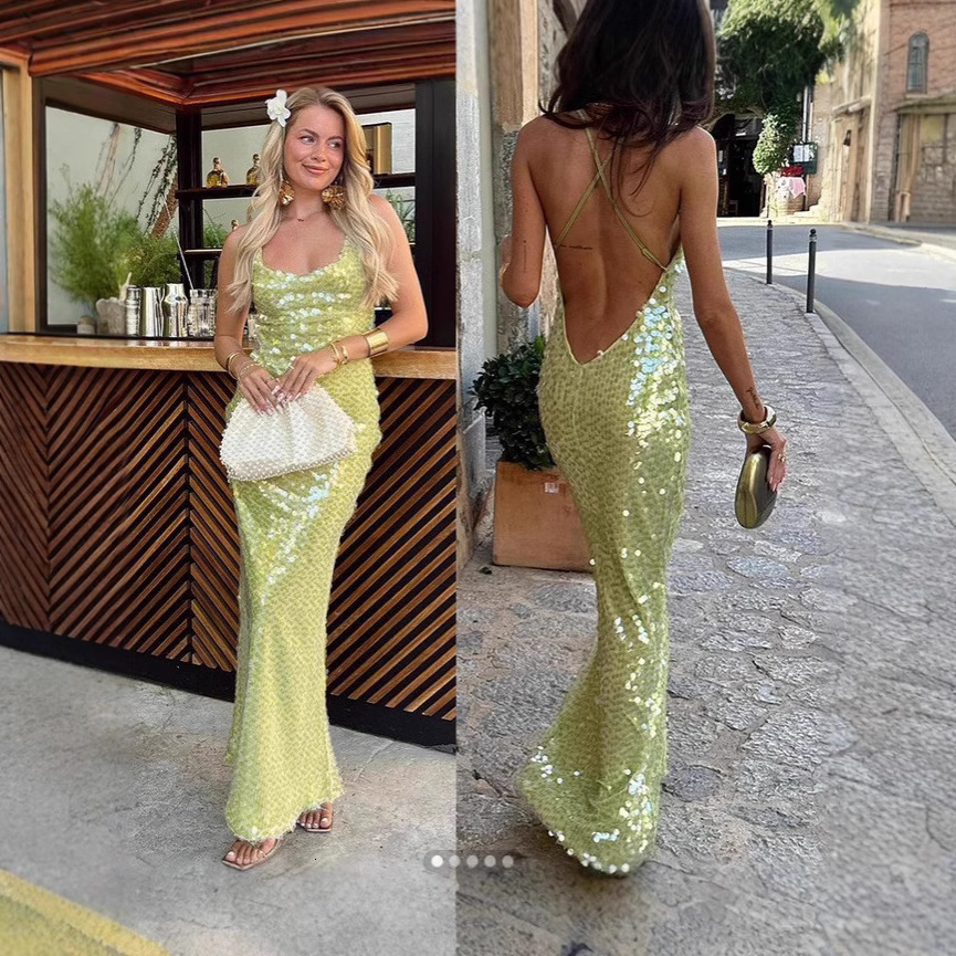 Backless Sequin European And American Designer Dress Strap Sexy Women's New Strap Slim Dress Long Style