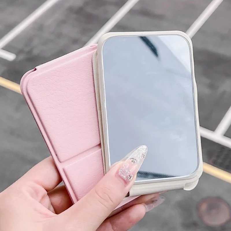 Solid Color PU Leather Desktop Makeup Mirror Simple Portable Handheld Makeup Mirrors Foldable Pocket Desktop Stand Tools H260324