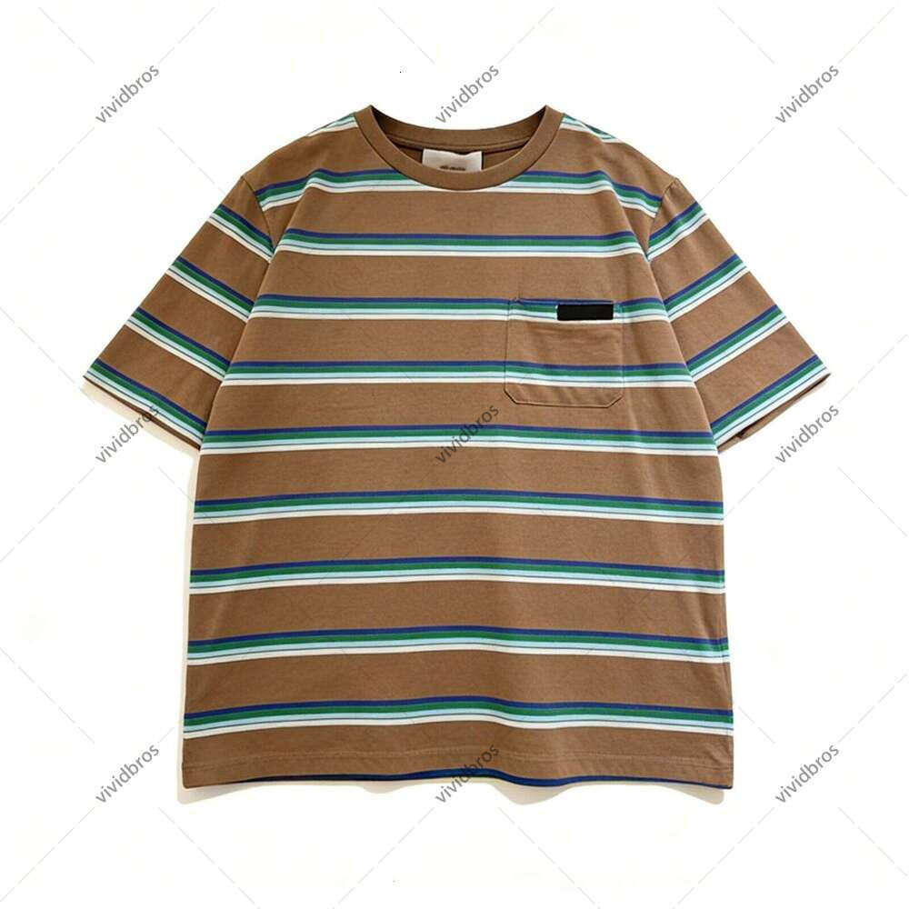 Unisex Oversized T-Shirt Brown Striped Print With Pocket Soft Cotton Casual Streetwear Top, Retro Preppy Style Loose Fit Tee for Men Women