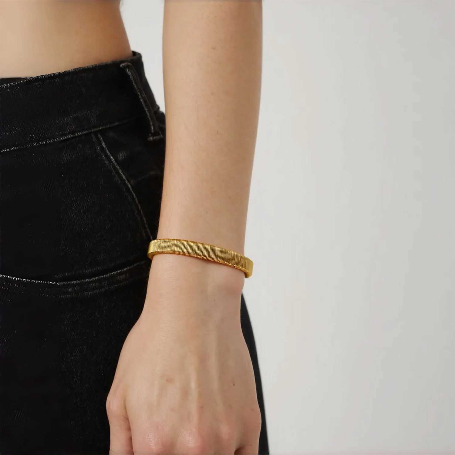 Woven for Women Adjustable Open-End Bangle 18K Gold Plated Stainless Steel Delicate Hypoallergenic Jewelry Gift Idea H260323 - view 3