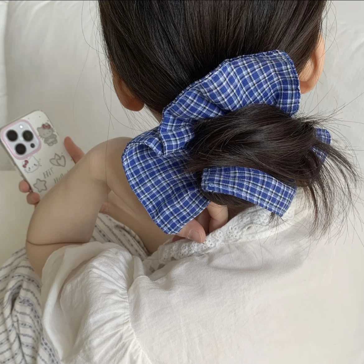 Preppy - Style Blue Plaid Hair Scrunchie Large Bow - Shaped Hair Tie Cute And Retro Hair Accessory For Women H260324
