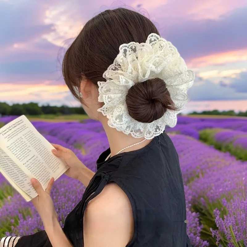 Off-white Lace Large Intestine Hair Band Womens Disc Hair Elegant Rubber Band Hair Rope on The Back of The Head Headgear H260324