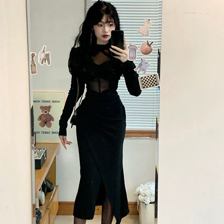 Hot Girl Mesh Patchwork Long Sleeve Dress Women's Spring New Style Slit Sexy Mid-length Designer Dress Bodycon Dress