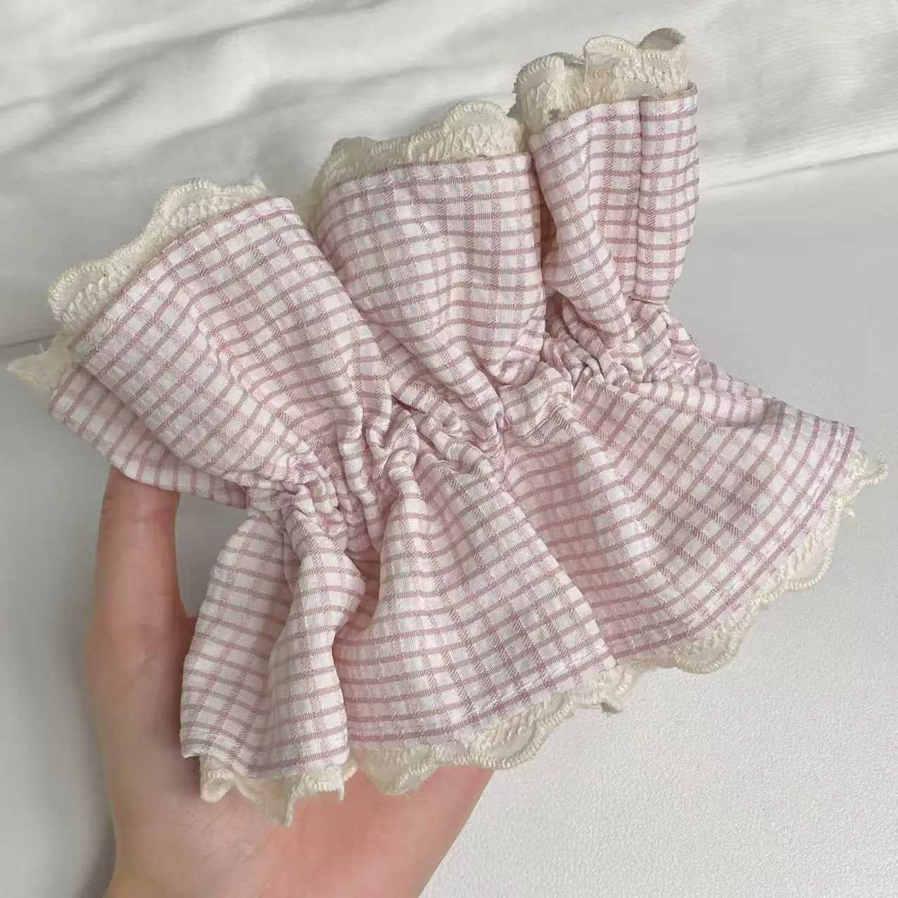 Pink fresh and sweet plaid lace four-layer large intestine scrunchie Gentle girl sweet lady daily hair accessory H260324