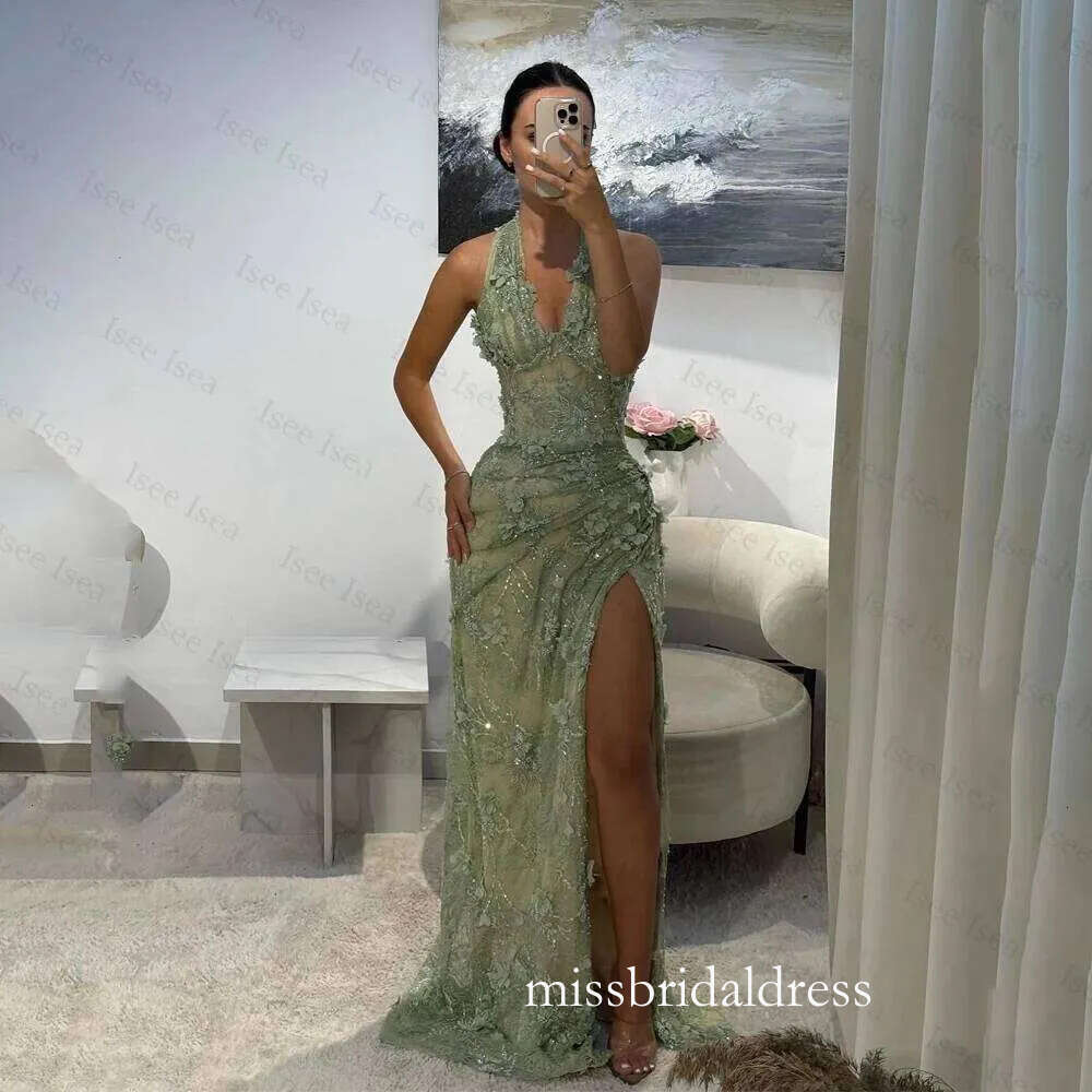 Green Evening Halter Neck Appliques 3D Flower Pleat Beading Prom Gown Split Mermaid Birthday Dresses 2026 Customized B0324