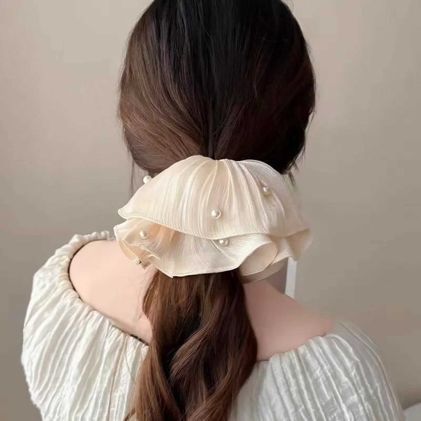 Sweety Romantic Gauze Hair Rope For Women Flowing Gauze Pearl Large Intestine Hair Ring Girls Fashion Elegant Hair Accessories H260324