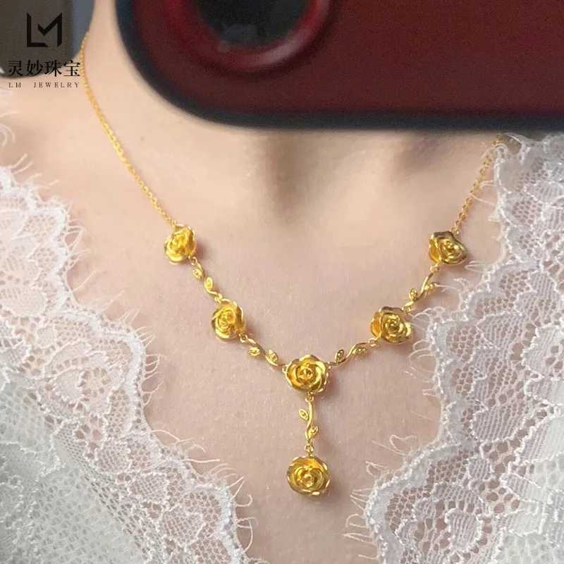 Luxury 24K 9999 Pure Gold real gold Womens Rose Necklace Womens Flower Pendant Set Chain H260324 - view 7