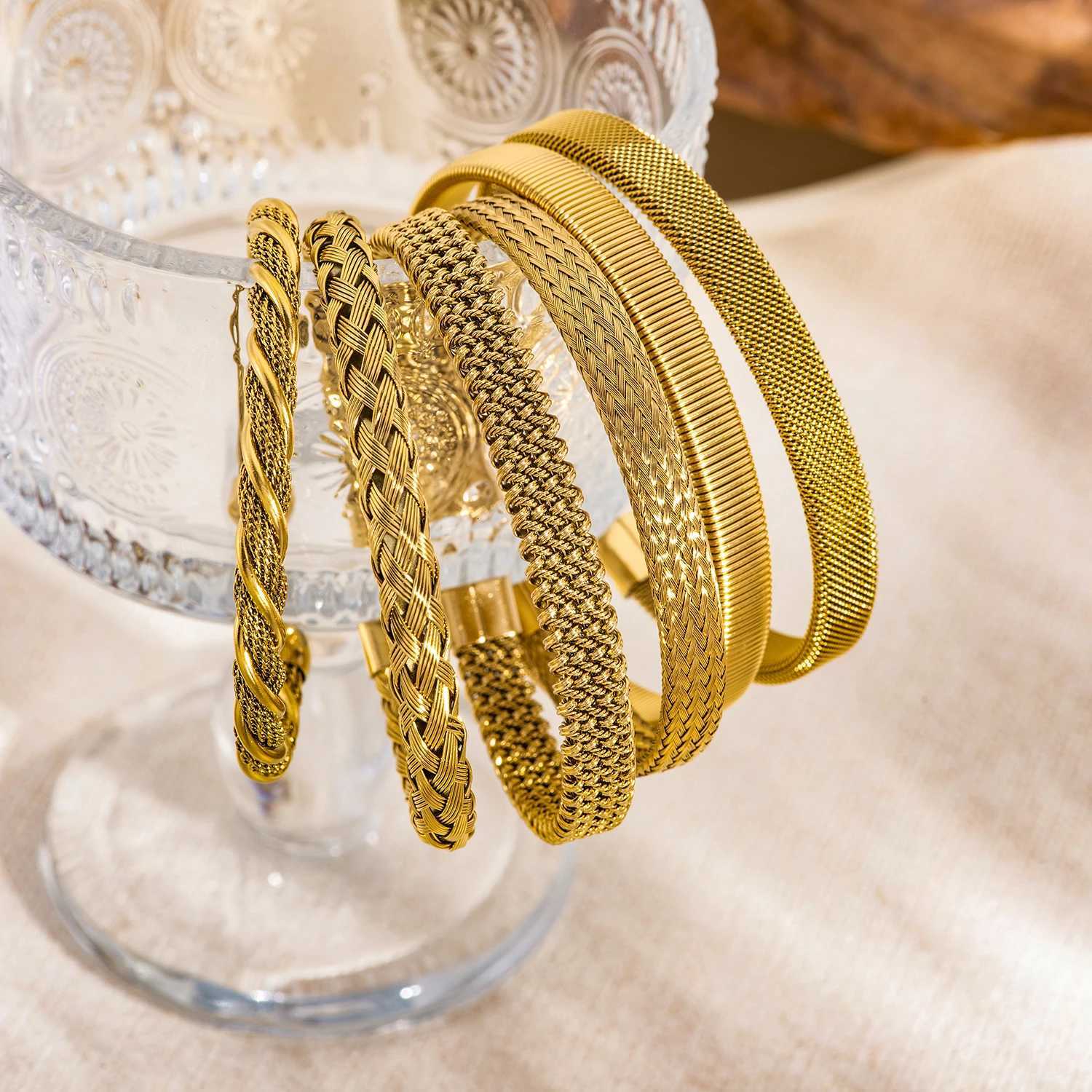 Woven for Women Adjustable Open-End Bangle 18K Gold Plated Stainless Steel Delicate Hypoallergenic Jewelry Gift Idea H260323 - view 5