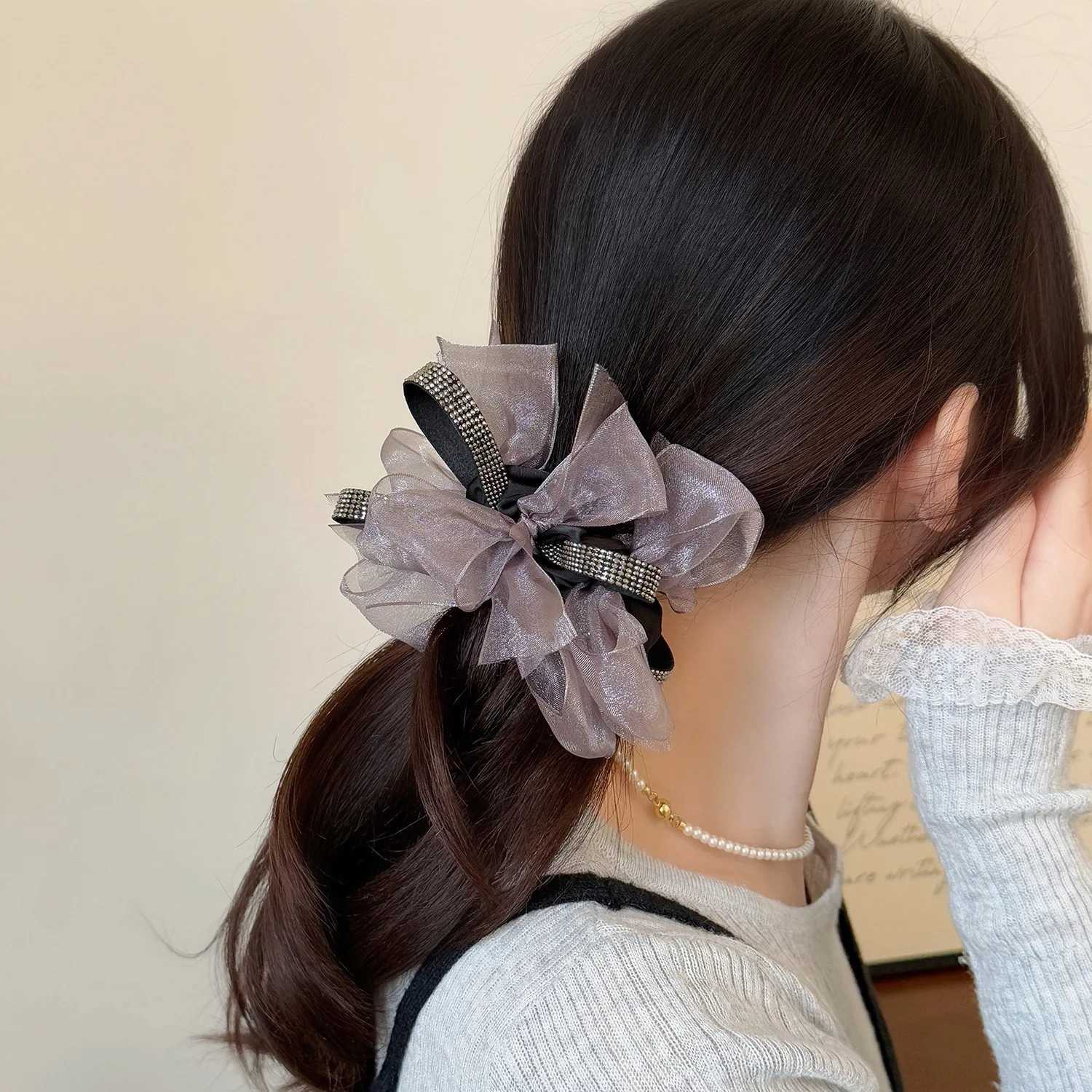 1pc Spring/Summer Style Water Diamond Mesh Bow Large Intestine Hairband Head Rope New High Elasticity Hair Accessories H260324