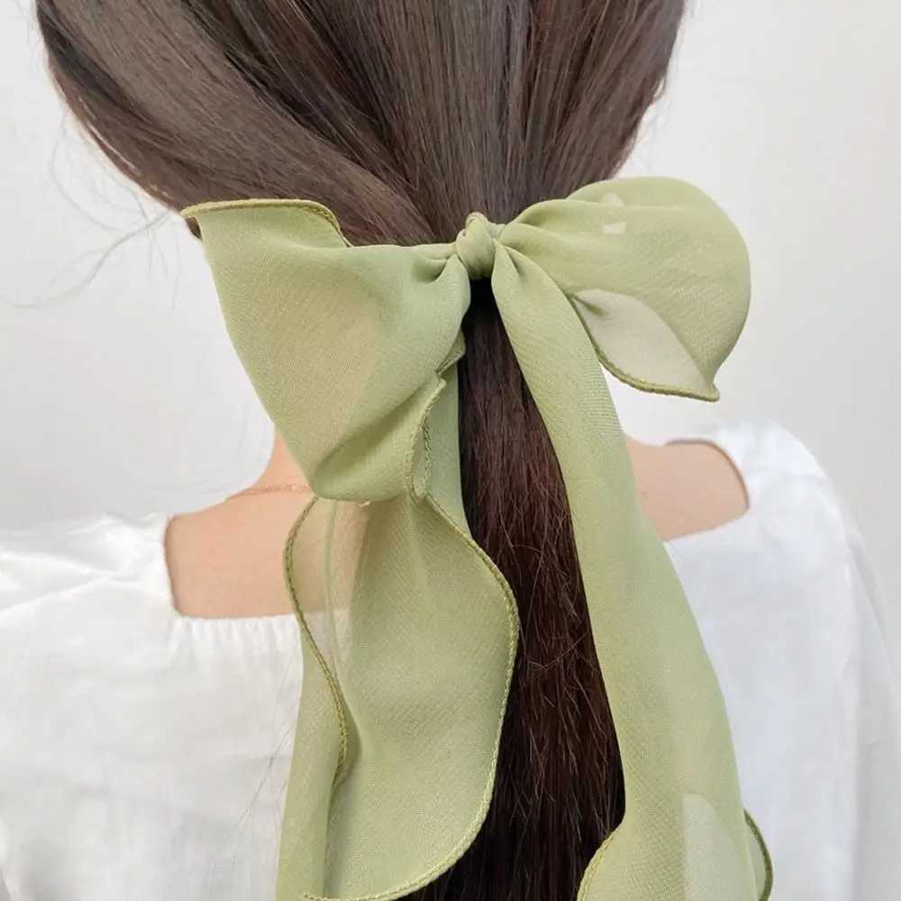 Summer Solid Color Lace Yarn Ribbon Hair Scrunchies Women Bow Elastic Hair Rope Ponytail Holder Girls Hair Ties Accessories H260324