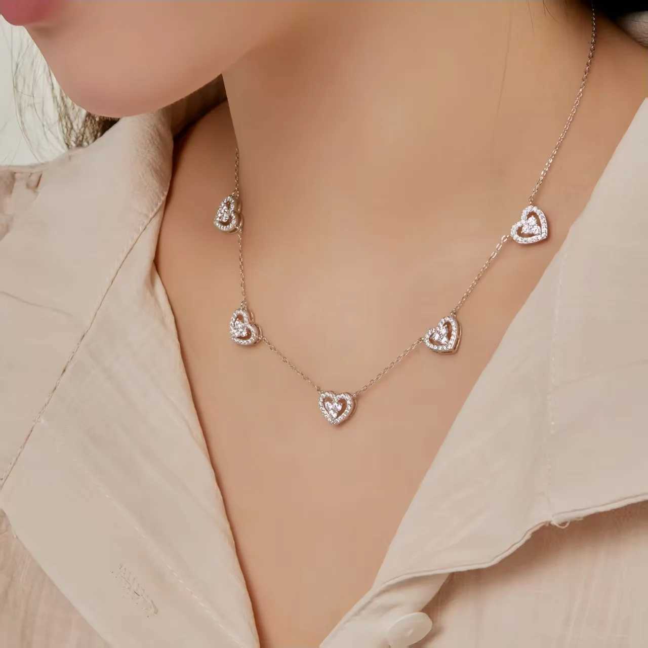Genuine S925 Sterling Silver 5 Heart Necklace Cubic Zirconia Adjustable Chain Jewelry Gift for Women Valentines Day Anniversary H260324 - view 5