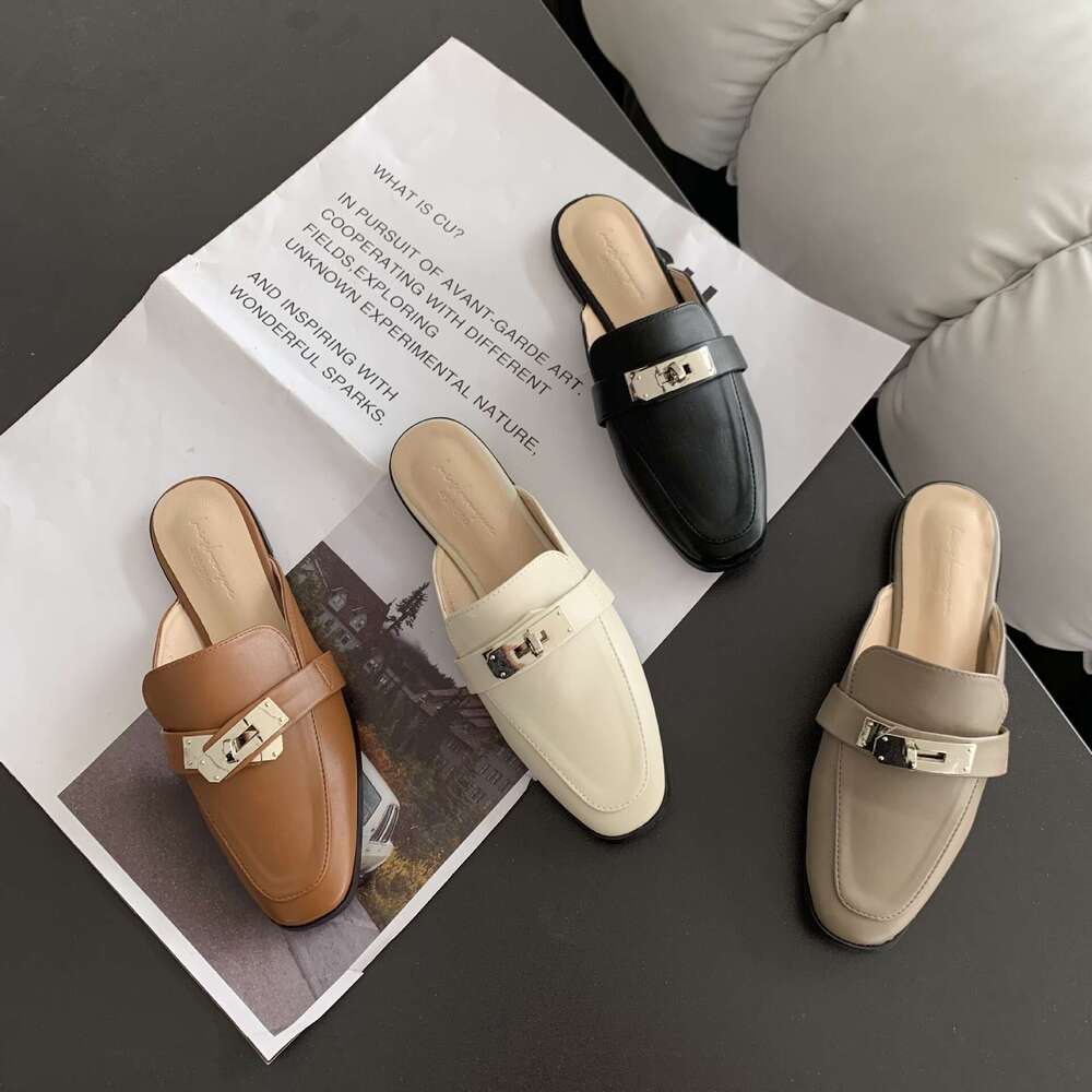 Women Summer Open Toe Mules For Outdoor Wear New Model With Horsebit Buckle Flat Shoes Genuine Leather Popular Slip On Sandals