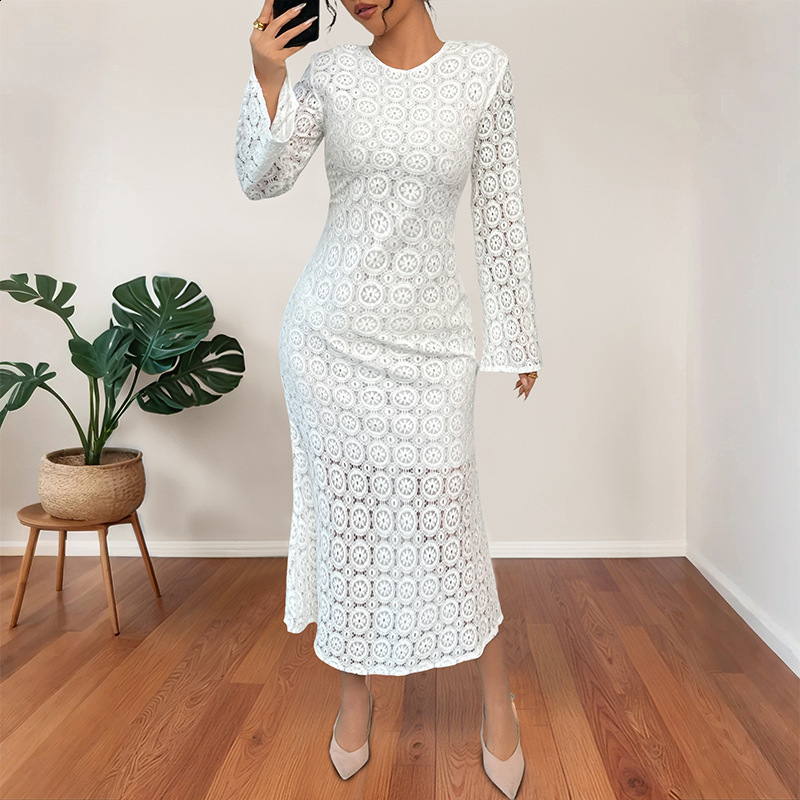 Hollow Out Fringe Beach Long Dresses Holiday Chic Floral Lace Long Sleeve Crew Neck Slim-Fit Crochet Summer Women Tassel Dress 250303