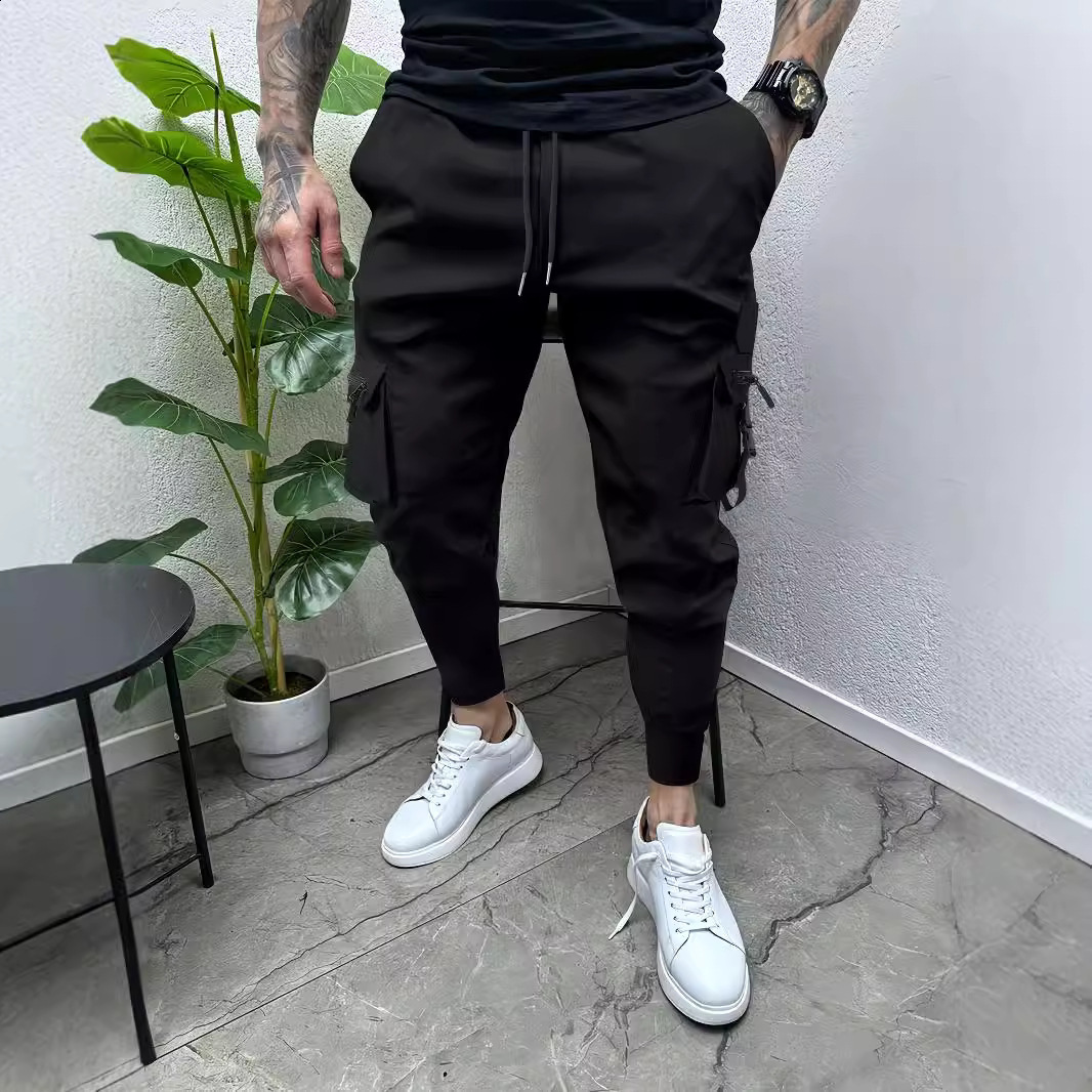 mens casual zipper pocket solid color small foot cargo pants fashion outdoor trend pants 241010