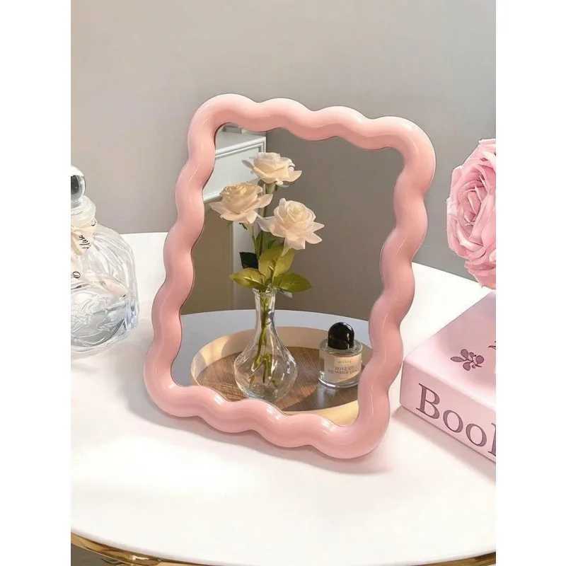 INS Style Cute Wavy Makeup Mirror Desktop Standable Wall Mounted Portable Carry on For Student Dorm Office Small Vanity H260324