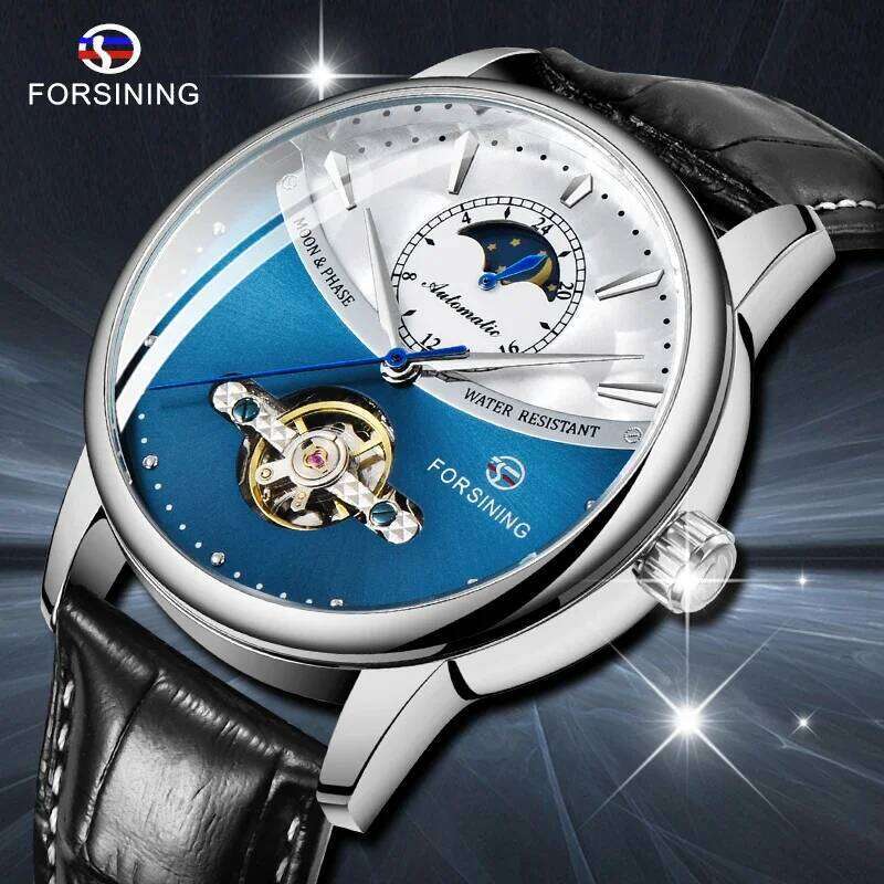 Forsining Luxury Brand Mechanical Classic Blue Moon Phase Fully Automatic Tourbillon Men's Black Leather Strap Watch - view 3