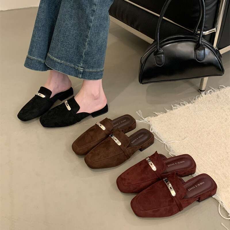 Women Summer Open Toe Mules For Outdoor Wear New Model With Horsebit Buckle Flat Shoes Genuine Leather Popular Slip On Sandals