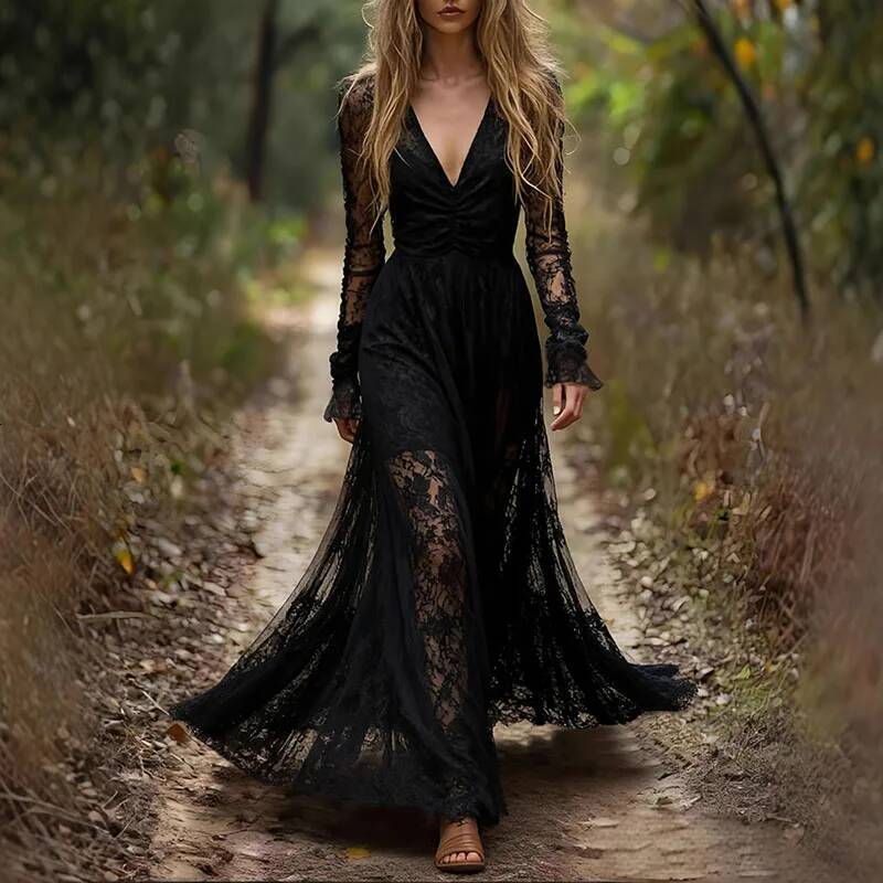 New Deep V Neck Embroidery Lace Woman Spring Hollow Out High Waist Crochet Dresses Autumn Flare Sleeve Jacquard Long Dress