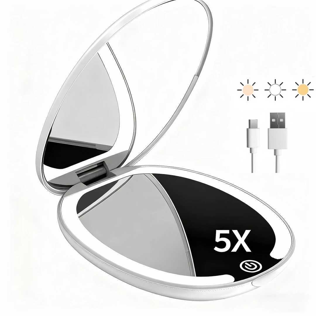 Travel makeup mirror with LED light 5x magnifying mirror cute mini makeup mirror double-sided 3-color light bag portable H260324