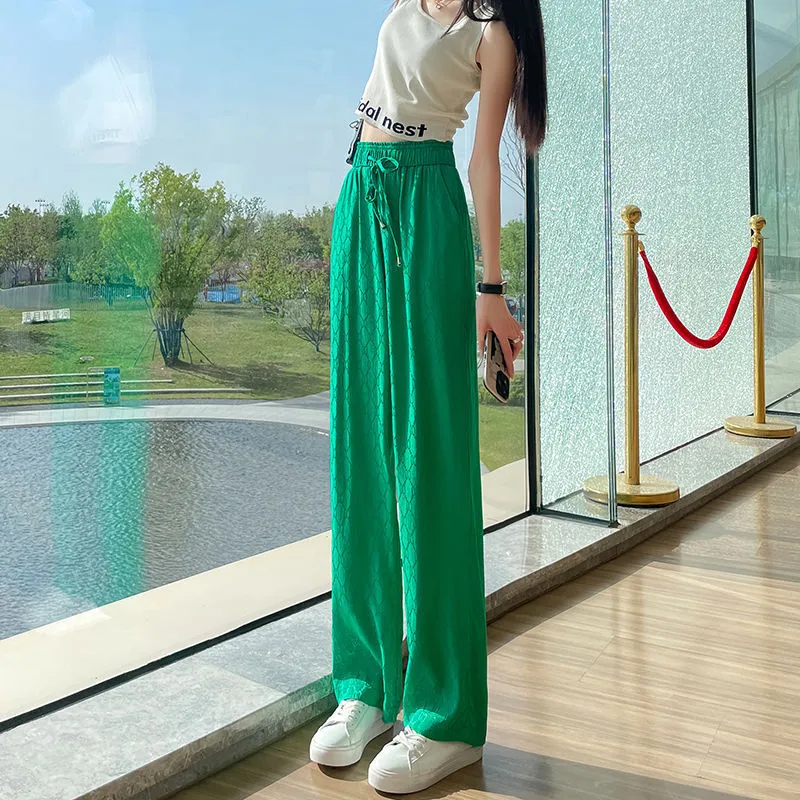 High end printed ice silk wide leg pants for women New summer thin high waist floor mopping straight leg pants