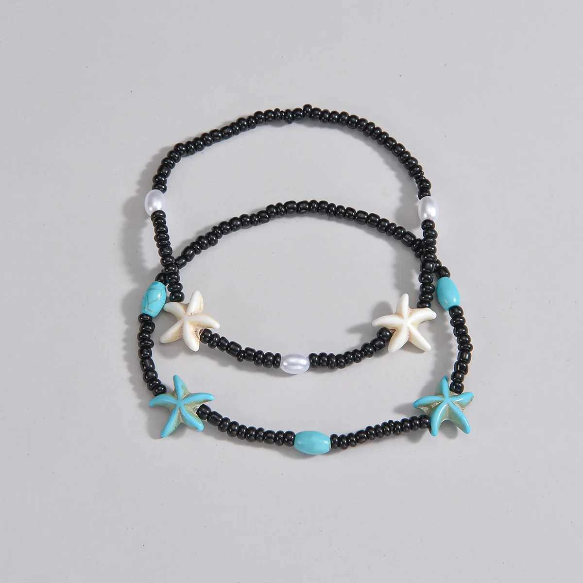 2-piece vacation beach style turquoise starfish mixed black beaded womens anklet H260325 - view 5