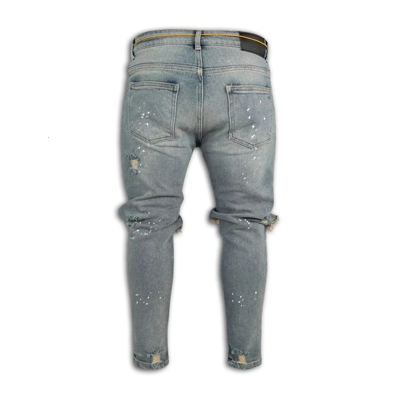 Men Long Jeans Pants Denim Pencil Pant Hole Splice Simple Slim Fit Zipper Lace Up Tight Waist Straight Trousers Autumn 260327