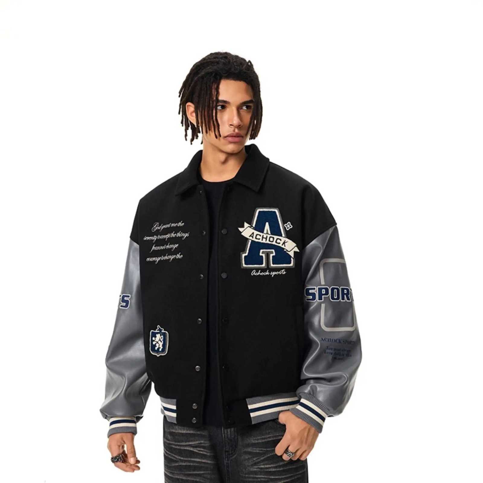 Trendy Vintage Varsity Jacket Men Autumn Streetwear Turn Down Collar Embroidery Patchwork Baseball Bomber Hip Hop Casual Coat C260325