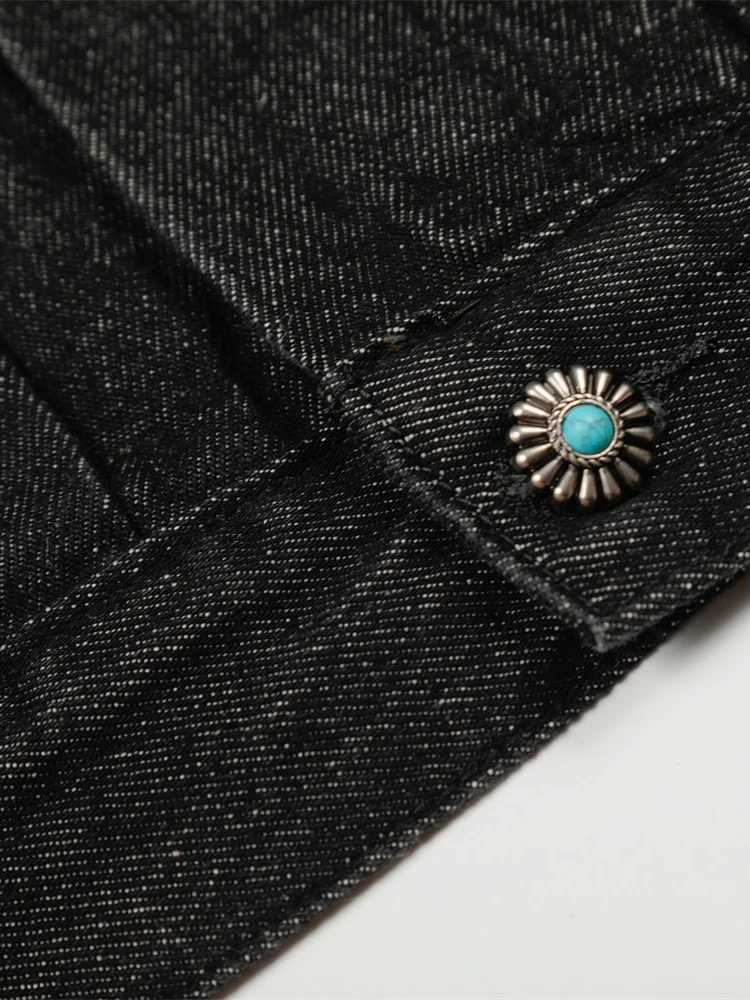 Mens Jacket Punk Vintage Streetwear Black Denim Short Coat Metal Buckle Studded Design Pleated Detail Retro Cool Hip Hop Fashion C260325