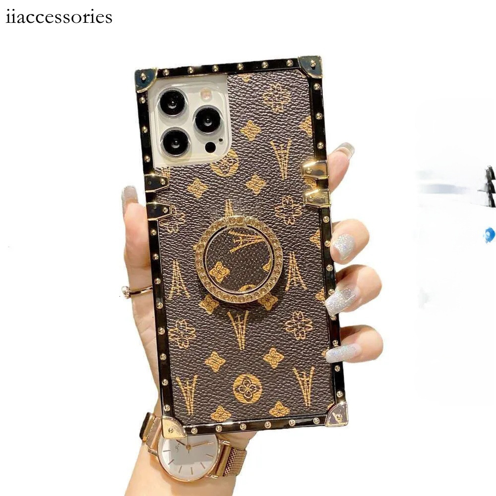 Designer Phone Case, Square Leather Texture Gold Metal Frame Ring Stand, Compatible with iPhone 17 Pro Max/16/15/14 Plus & Samsung S25 Ultra