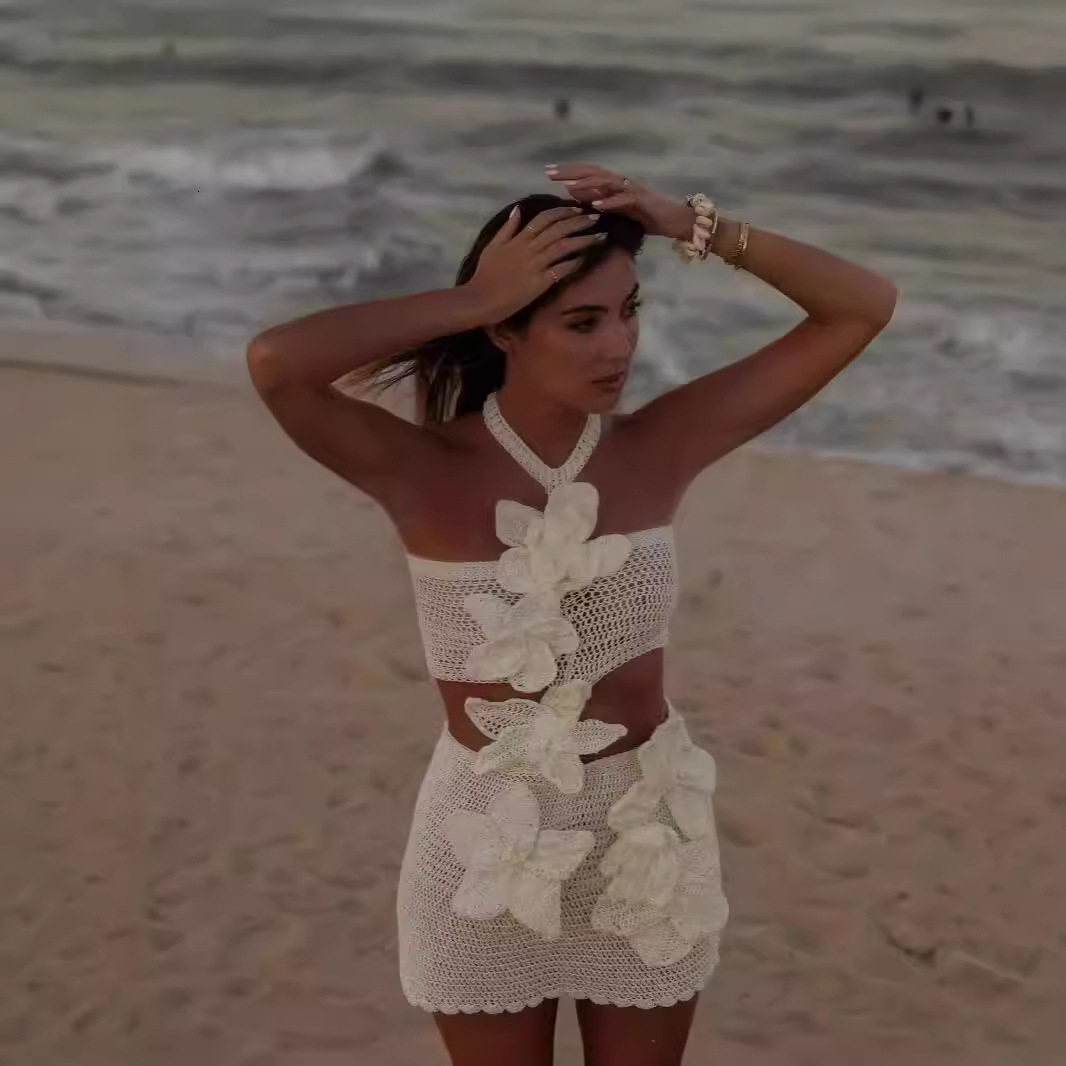 Beach Knit 3d Flowers One Shoulder Mini Dress Women Halter Sleeveless Backless Hollow Out Dresses Summer Lady Holiday Robes 240814