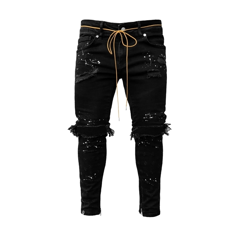 Men Long Jeans Pants Denim Pencil Pant Hole Splice Simple Slim Fit Zipper Lace Up Tight Waist Straight Trousers Autumn 260327