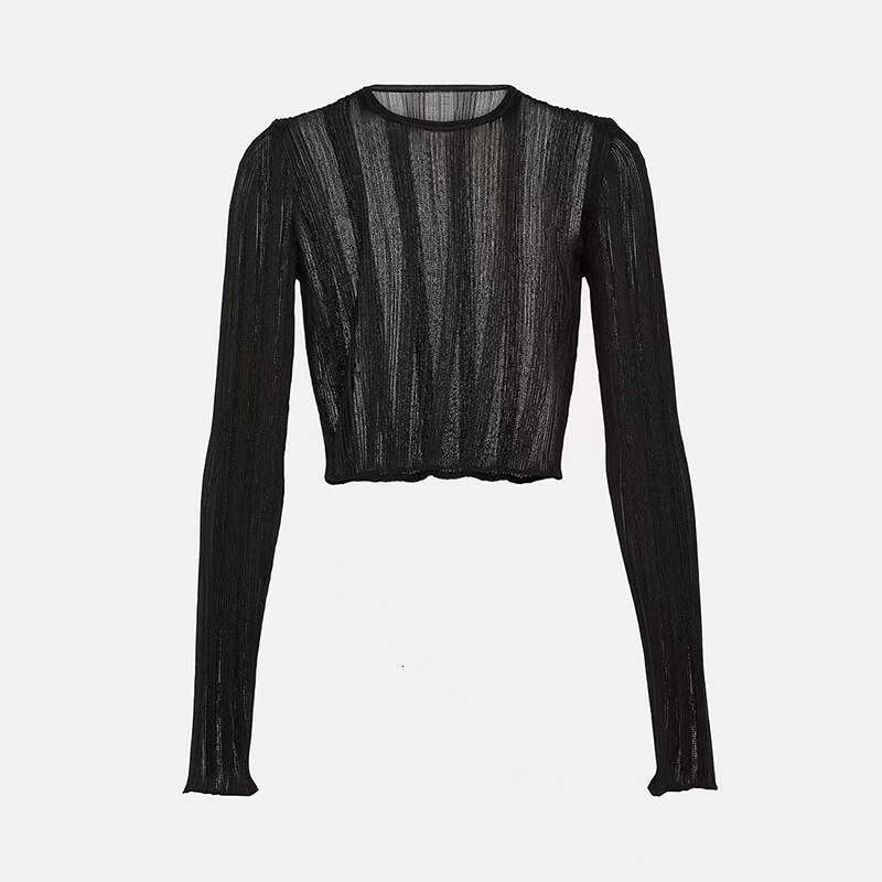 Lazy style hollow short s4 style 2026 autumn niche design thin transparent shirt ribbed elastic elegant shirt