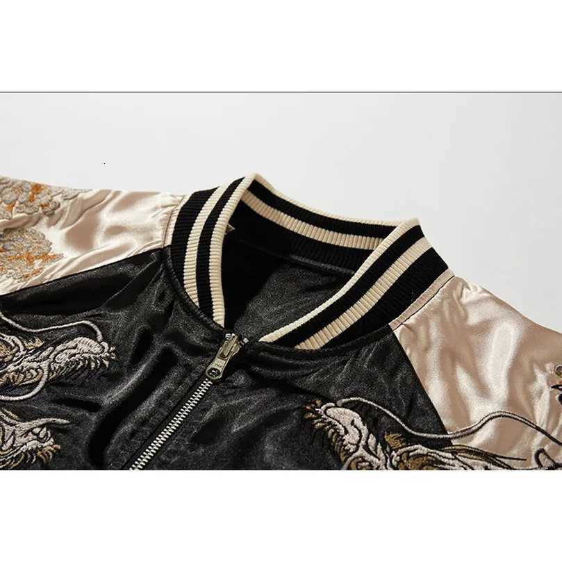 Mens Bomber Jacket Satin Dragon Phoenix Embroidery Casual Streetwear Spring Autumn Stand Collar Fashion Outerwear Sukajan C260325
