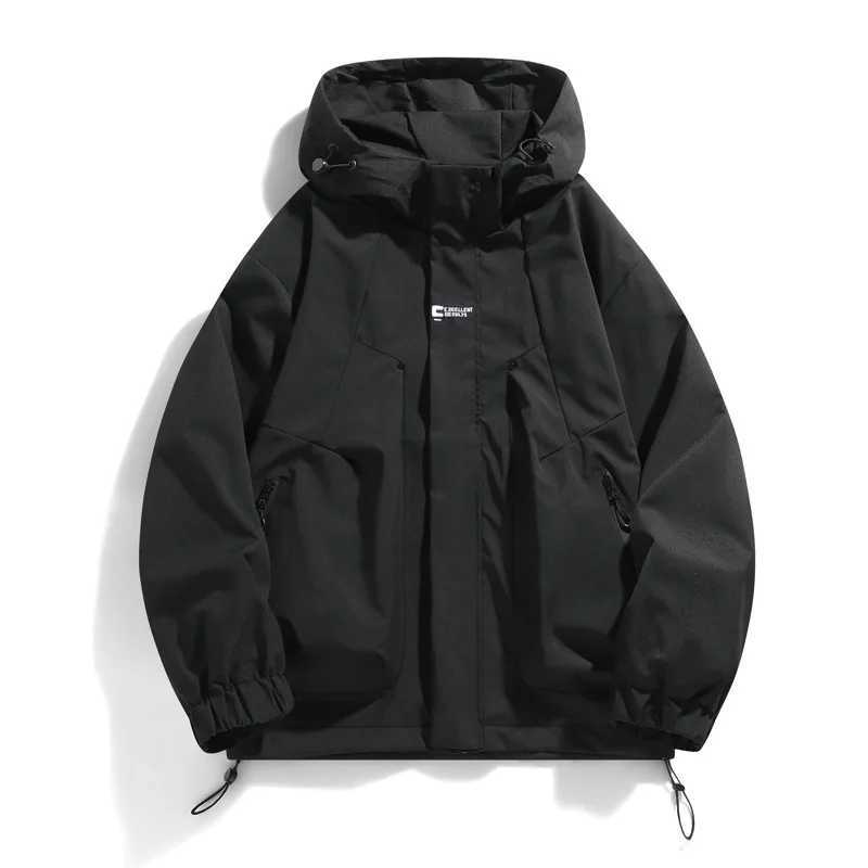 Mens Waterproof Windbreaker Hooded Zipper Cargo Coat Black Bomber Camping Hiking Loose Fit Softshell Thin Outerwear M260325
