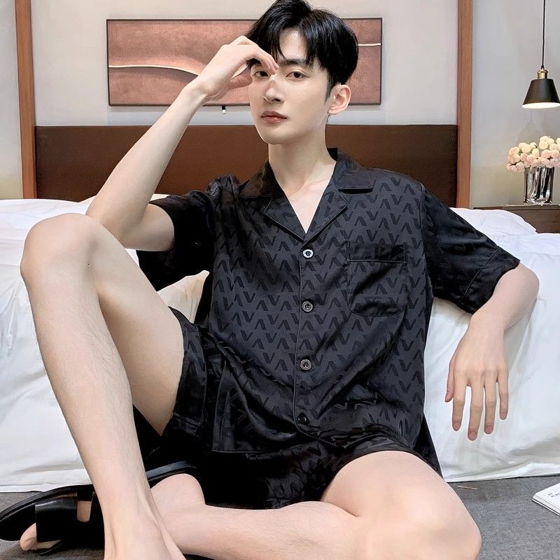 Men's Pajamas Summer Plus Size Ice Silk Short Sleeve Shorts Lightweight Breathable Comfortable Casual Homewear Set