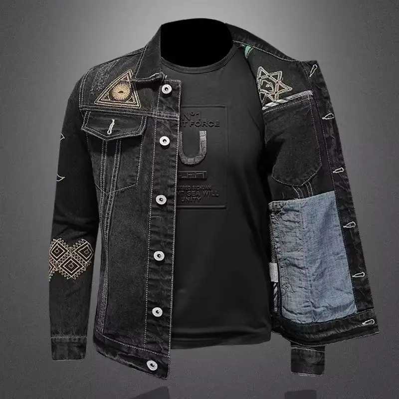 Mens Vintage Motorcycle Denim Jacket Spring Autumn Slim Loose Fit Embroidered Lapel Cotton Casual Black Blue Trendy Fashion C260325