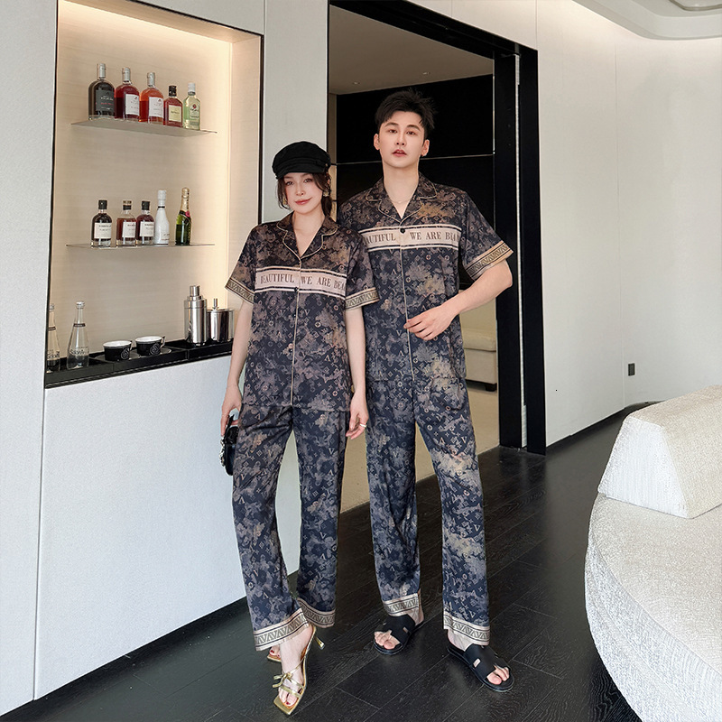 Couple Pajamas Ice Silk Short Sleeve Long Pants High End Homewear Set Soft Smooth Comfortable Lapel Cardigan Dark Print