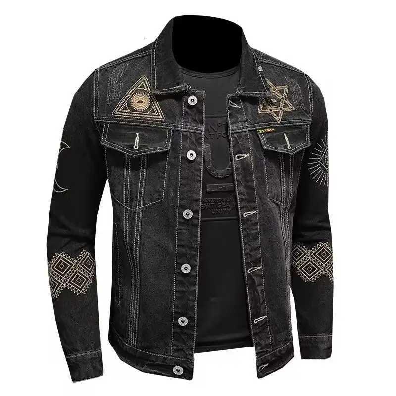Mens Vintage Motorcycle Denim Jacket Spring Autumn Slim Loose Fit Embroidered Lapel Cotton Casual Black Blue Trendy Fashion C260325