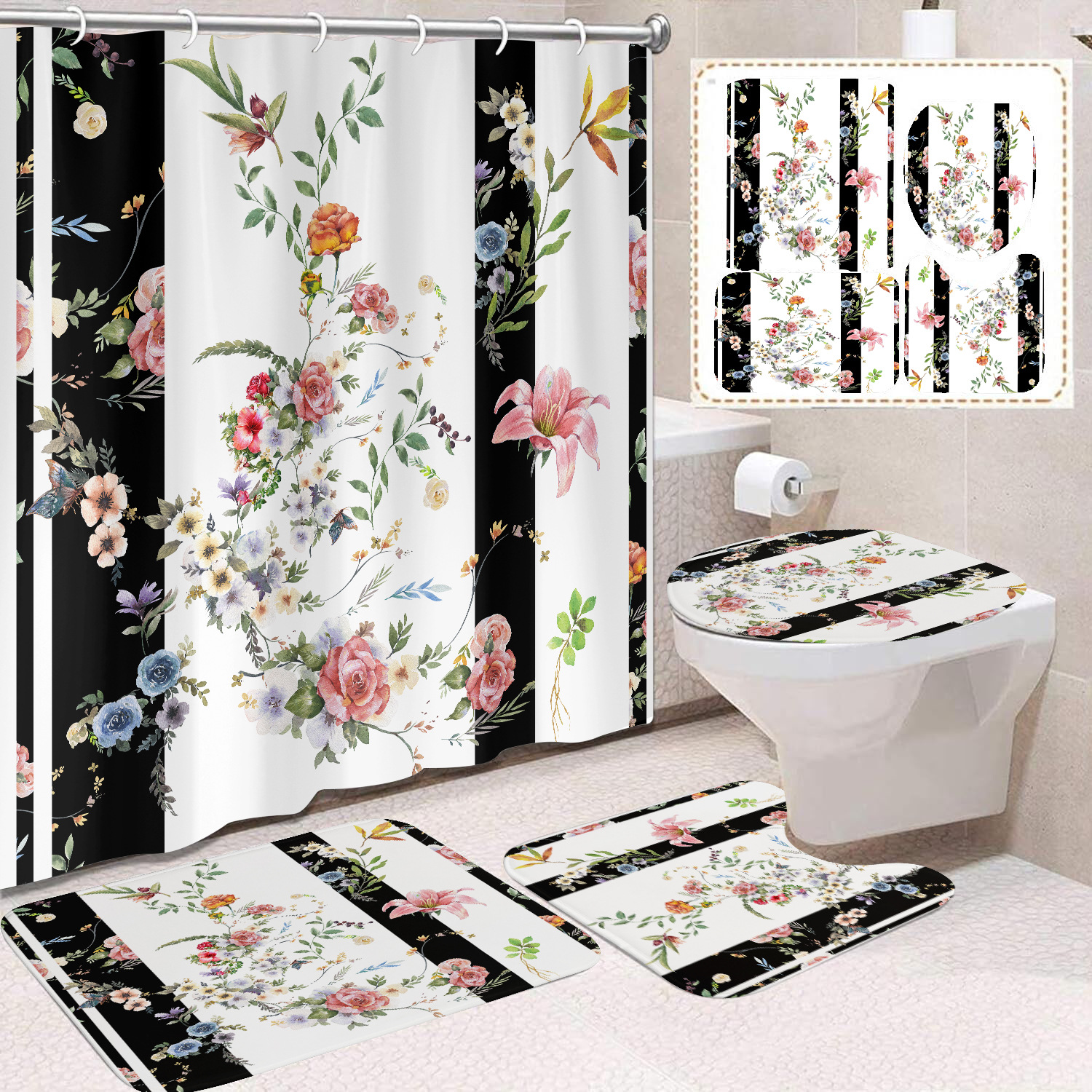 YL-38392 Floral Shower Curtain and Floor Mat Set (4 Pieces) - Bathroom Dry and Wet Separation, Toilet Isolation Curtain, Modern Minimalist Style
