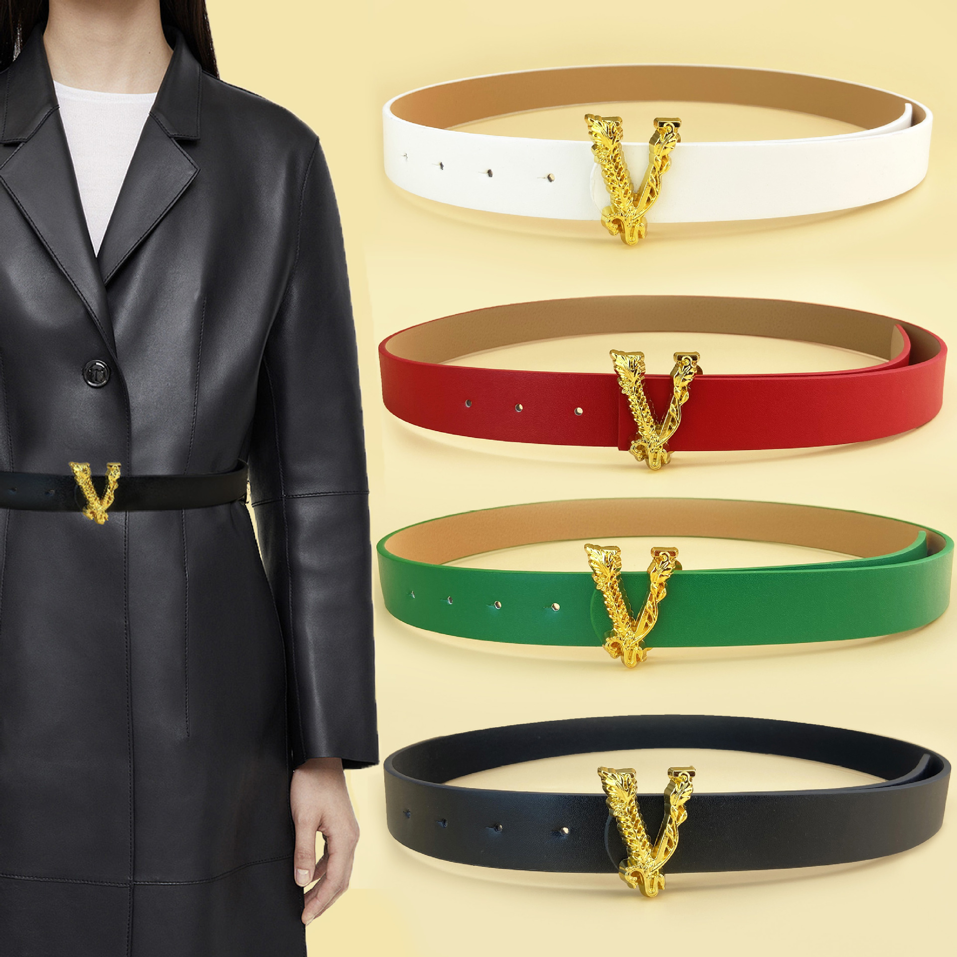 Women's Minimalist V-Buckle Black Belt, Fashion Decorative Waist Strap for Jeans & Trousers, Ins Style