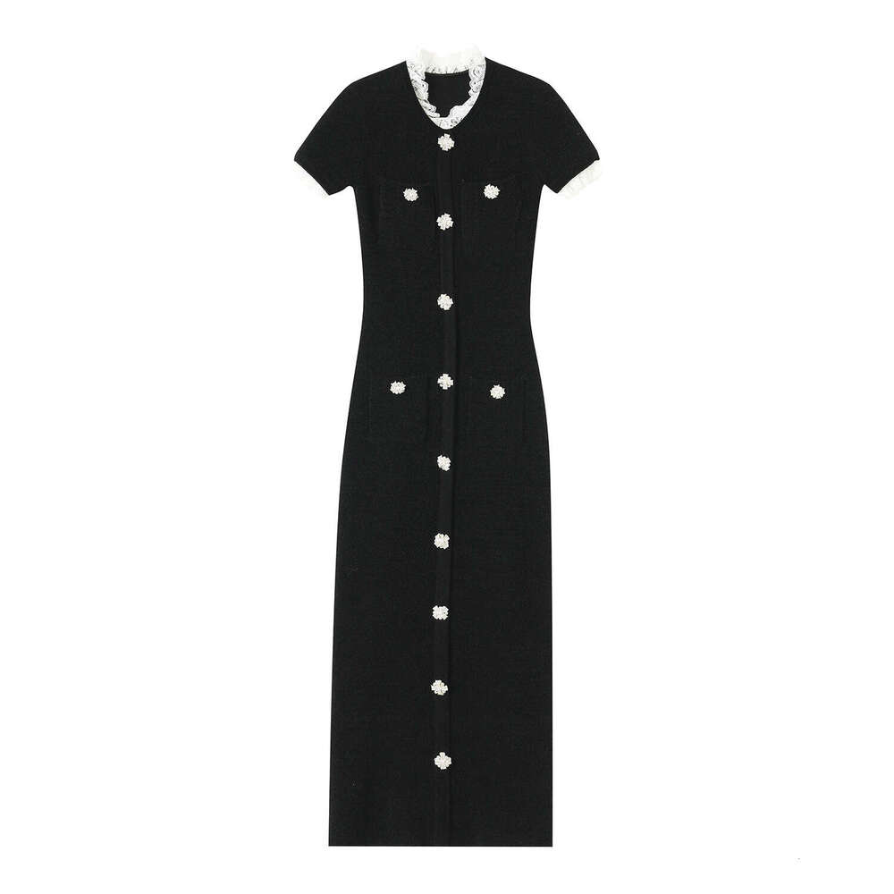 2026 Autumn Designer High end Black P Diamond Decorative Round s4 Neck Patch Knitted Tight Short Sleeve Women's Dress