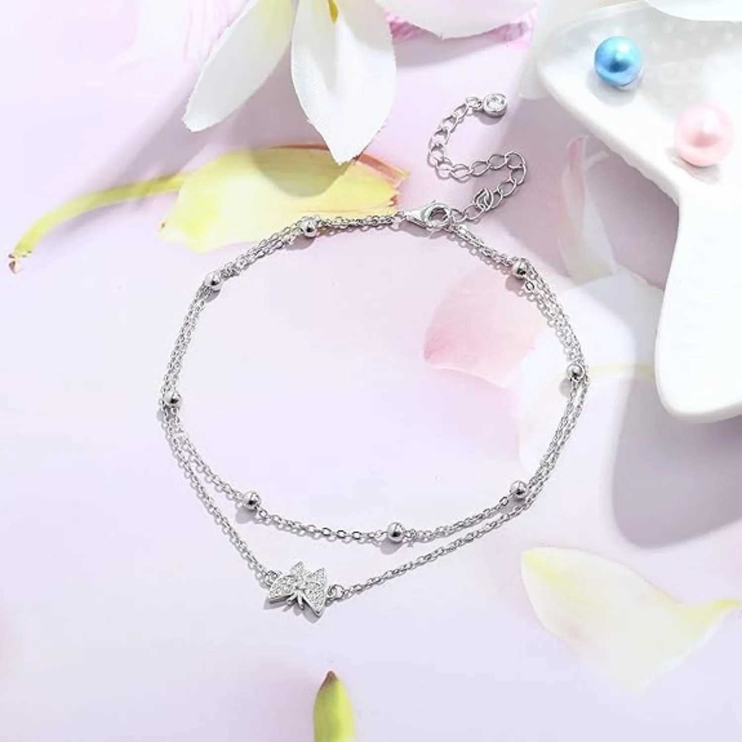 925 Sterling Silver Layered Ankle for Women Chain Butterfly Heart Beaded Silver Anklet Adjustable Summer Beach Anklet H260325 - view 7